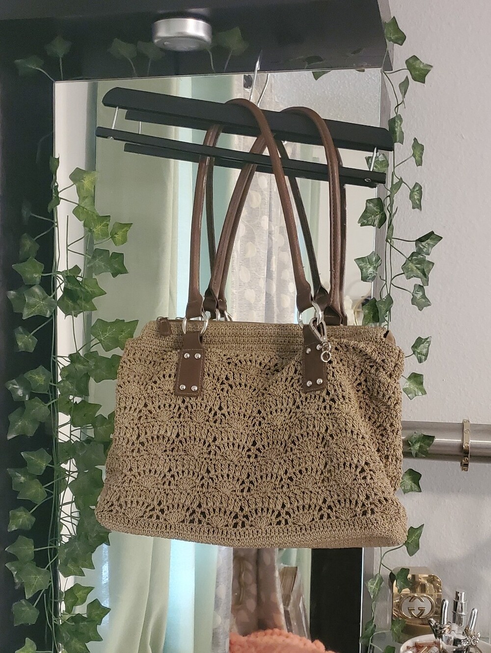 💕 Y2K 💕 Boho Braided Crochet Tote Bag with Brown Handles